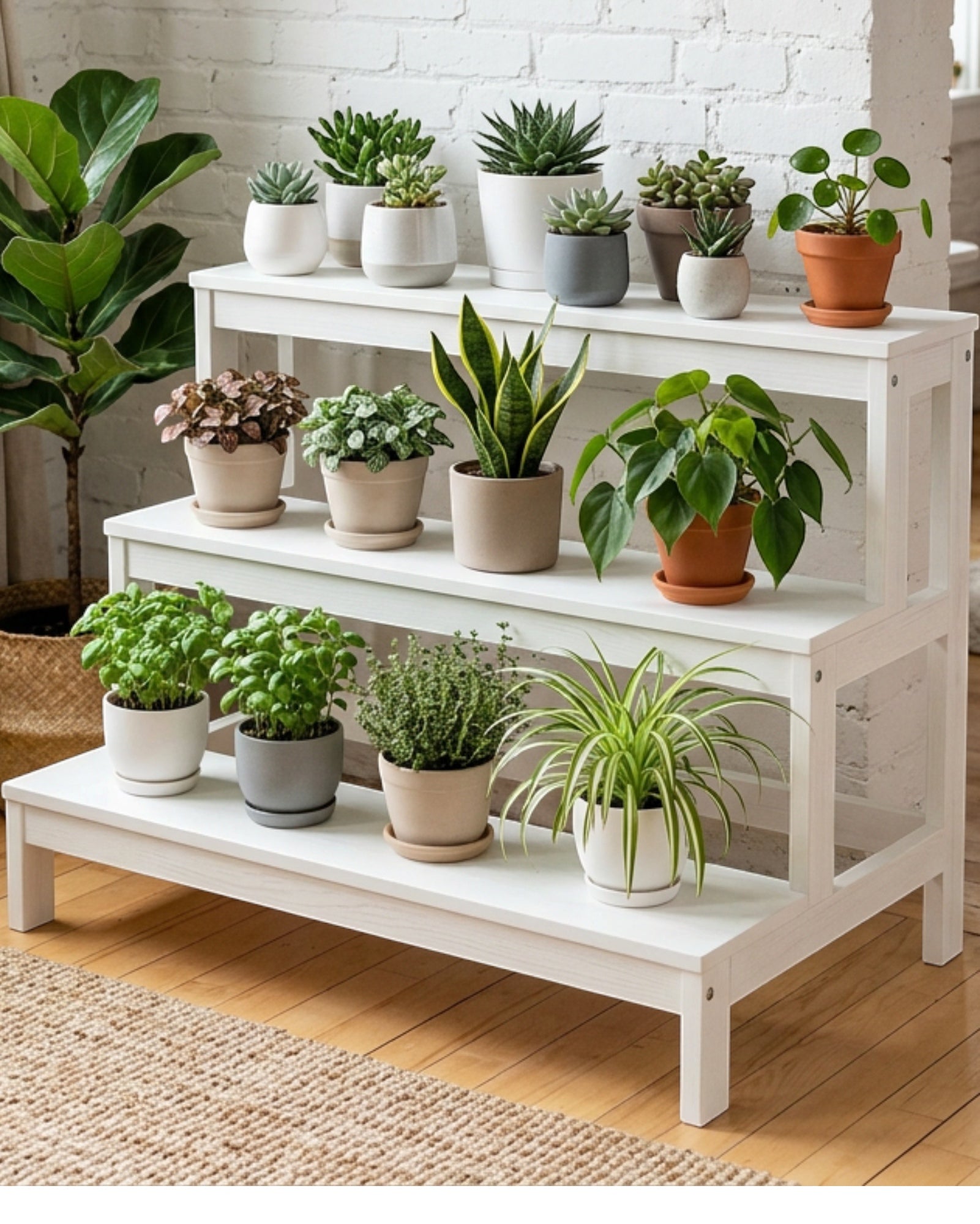 Mlvhg Low Wooden Plant Bench White 3 Tier