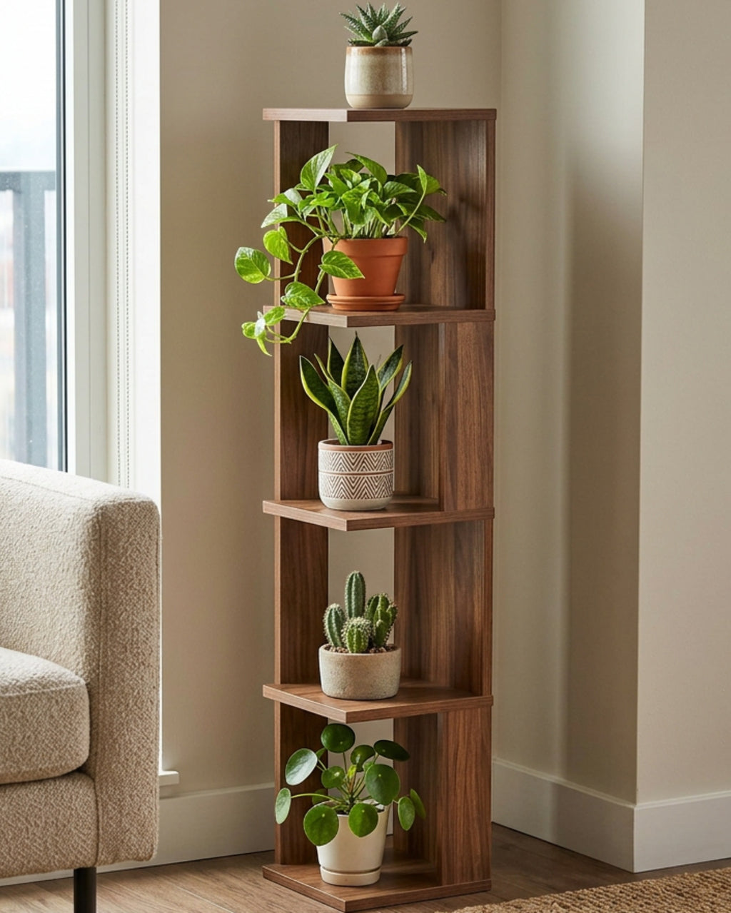 Mlvhg Narrow Wooden Plant Tower Walnut 5 Tier