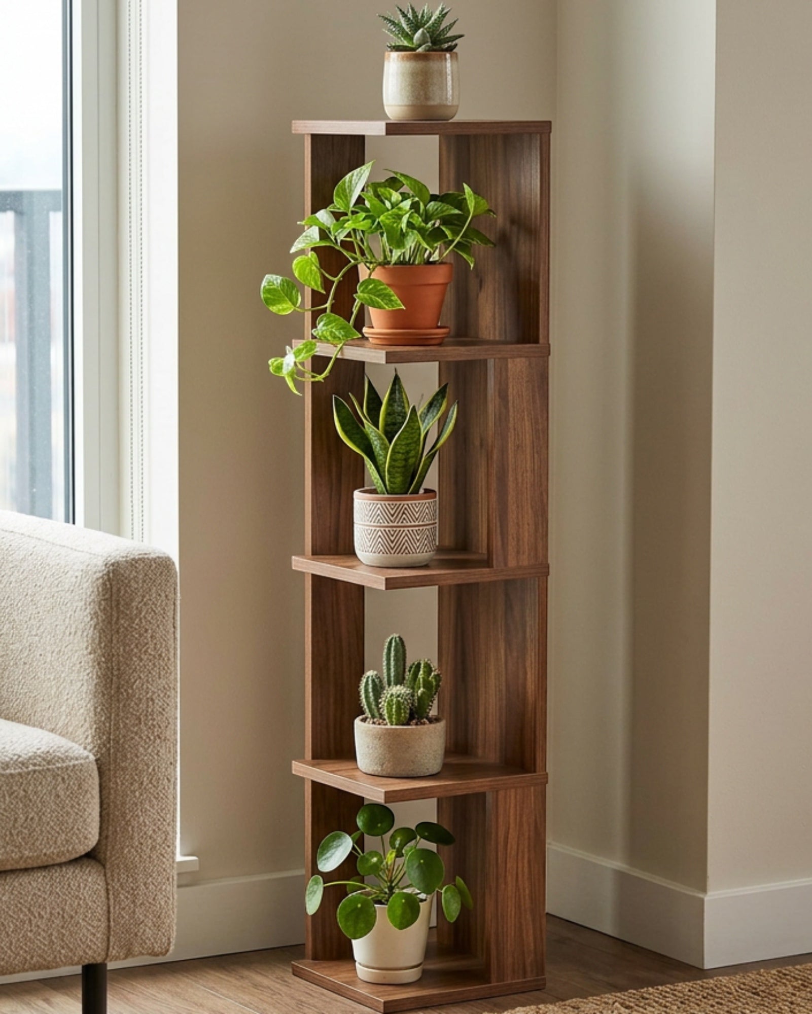 Mlvhg Narrow Wooden Plant Tower Walnut 5 Tier